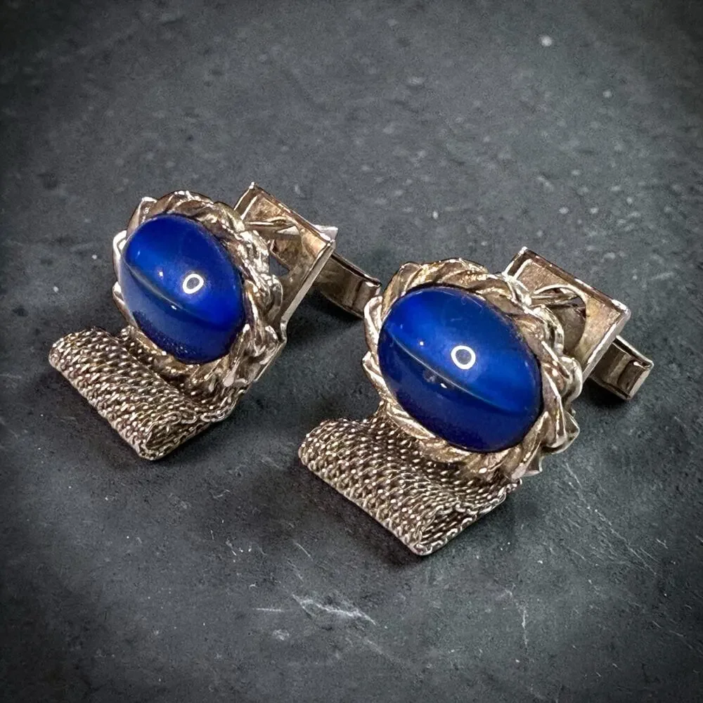 Vintage Cufflinks Mens Silver Tone Blue Cabochons Wraparound Formal Workwear